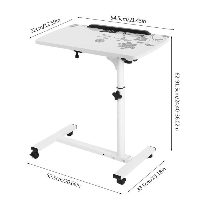 VEVOR Table de lit mobile, table d'appoint avec plateau rabattable et 4 roulettes dissimulées, bureau d'ordinateur portable réglable en hauteur avec porte-gobelet, pour maison, bureau et études, blanc