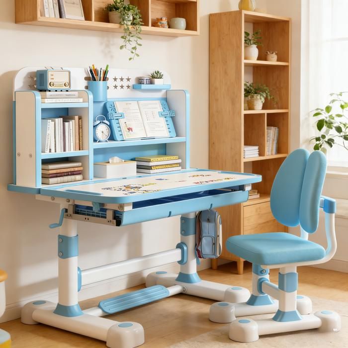 FLASIDU Bureau D'étude Pour Enfants Avec Chaise   Ensemble Bureau Et Chaise Pour Enfant, Hauteur Réglable Bleu 3 18   Maison