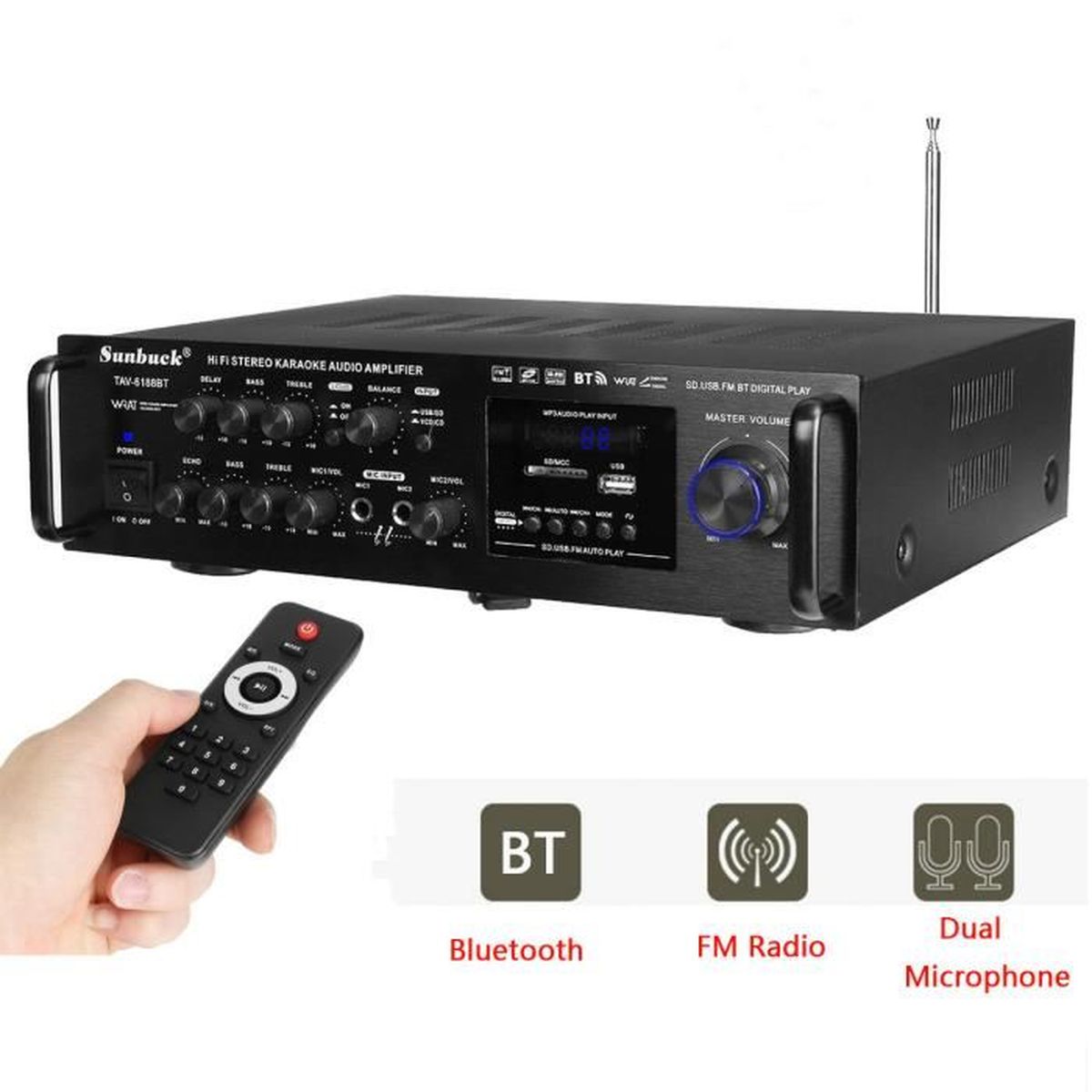 TEMPSA 2000W 4ohm Bluetooth Amplificateur Stéréo karaoké Support 2 MIC