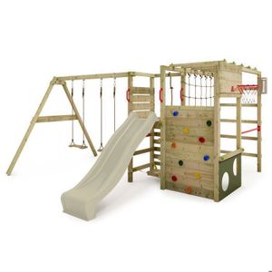 Balançoire et portique multi-activités Kangui Aire de jeux portique en bois WOODI Double balançoire ou Nid, toboggan, mur d'escalade, bac a sable, table pique nique, cabane, échelle