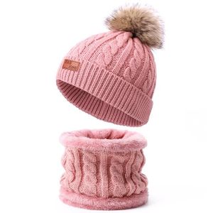 CHAPEAU - BOB Ensemble écharpe et bonnet deux pièces pour enfants, bonnet fille, boule artificielle,chaleur, crâne tricoté|  rose