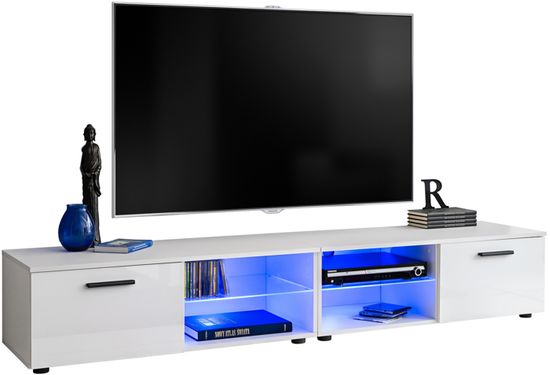 2x Meuble TV T32-100 - LED bleues - Blanc Brillant & Blanc - Façades en Brillant - L200cm x H34.5cm x P45cm