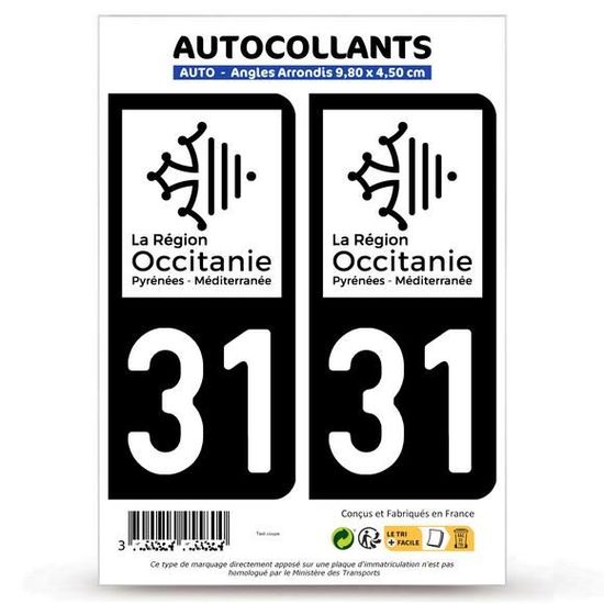 Autocollant Plaque Immatriculation Lot De 4 Autocollants Plaque Immatriculation - Département 31 Occitanie - Noir Autocollant Departement Plaque