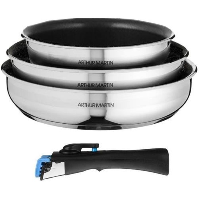 ARTHUR MARTIN Set de 3 poêles inox 20-24-26 cm anti-adhérentes
