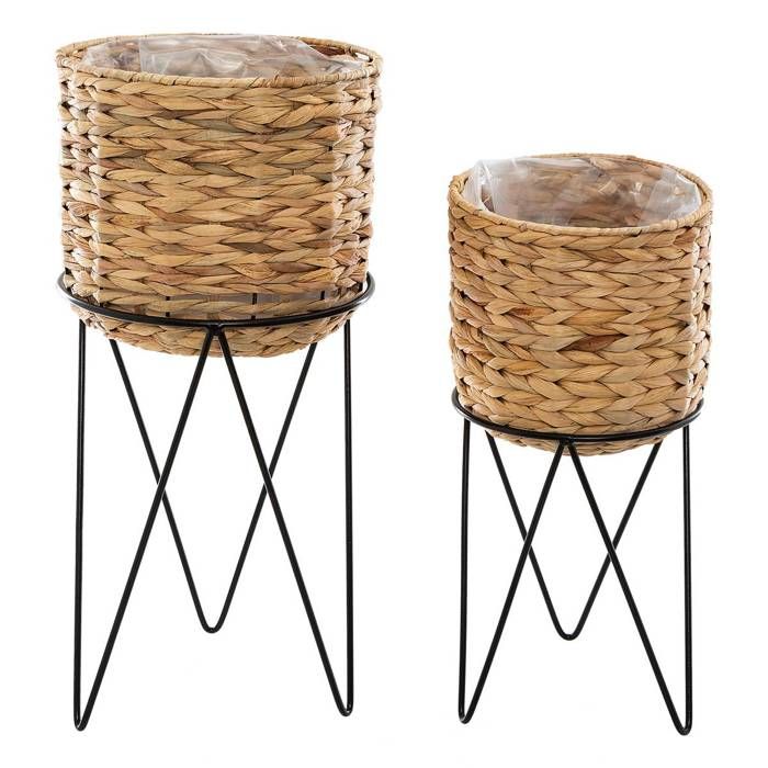Atmosphera - Set de 2 Pots en Jacinthe d'eau tressée et support en métal Noir H 43 et H 54 cm Naturel