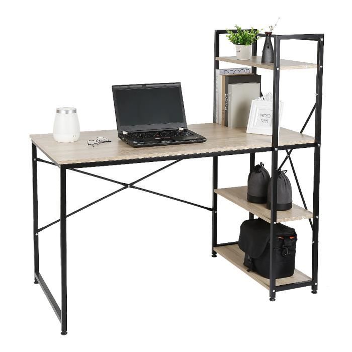 120 x 64 x 120 cm Bureau d’Ordinateur Contemporain Design Table de bureau en bois et acier, Noir et chêne clair