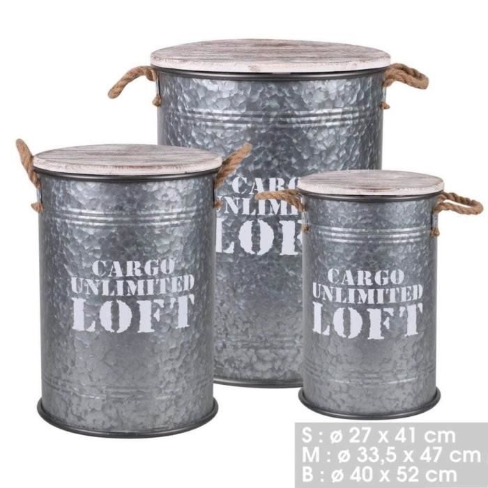 Lot de 3 bidons style industriel métal et bois – Gris