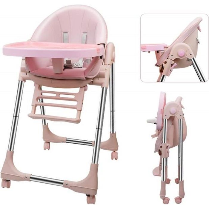 DOMICILE Chaise haute inclinable Réglable et Pliable - Avec ceinture de sécurité rose