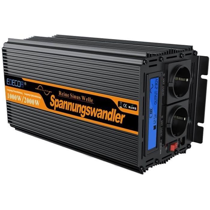 300W Aluminium Noir WZTO Convertisseur 1000W DC 12V vers AC 220V Voiture Transformateur Onduleur de Tension Voiture Onde sinuso/ïdale Puissance De Voiture Inverter pour Voiture Bateau Camper