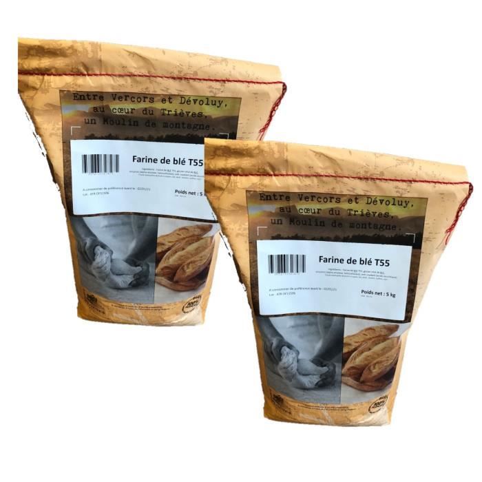 Lot 2x Farine T55 de blé 100% français - Minoterie du Trièves - sac 5Kg - Date courte ou dépassée