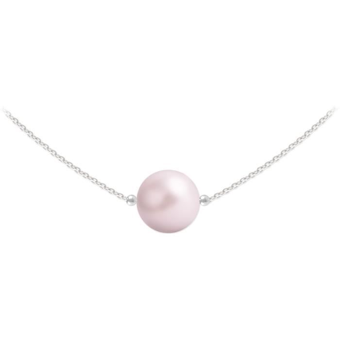 Collier Ras de Cou Argent 925 Perle Ronde 10mm Swarovski Element - Pastel Rose
