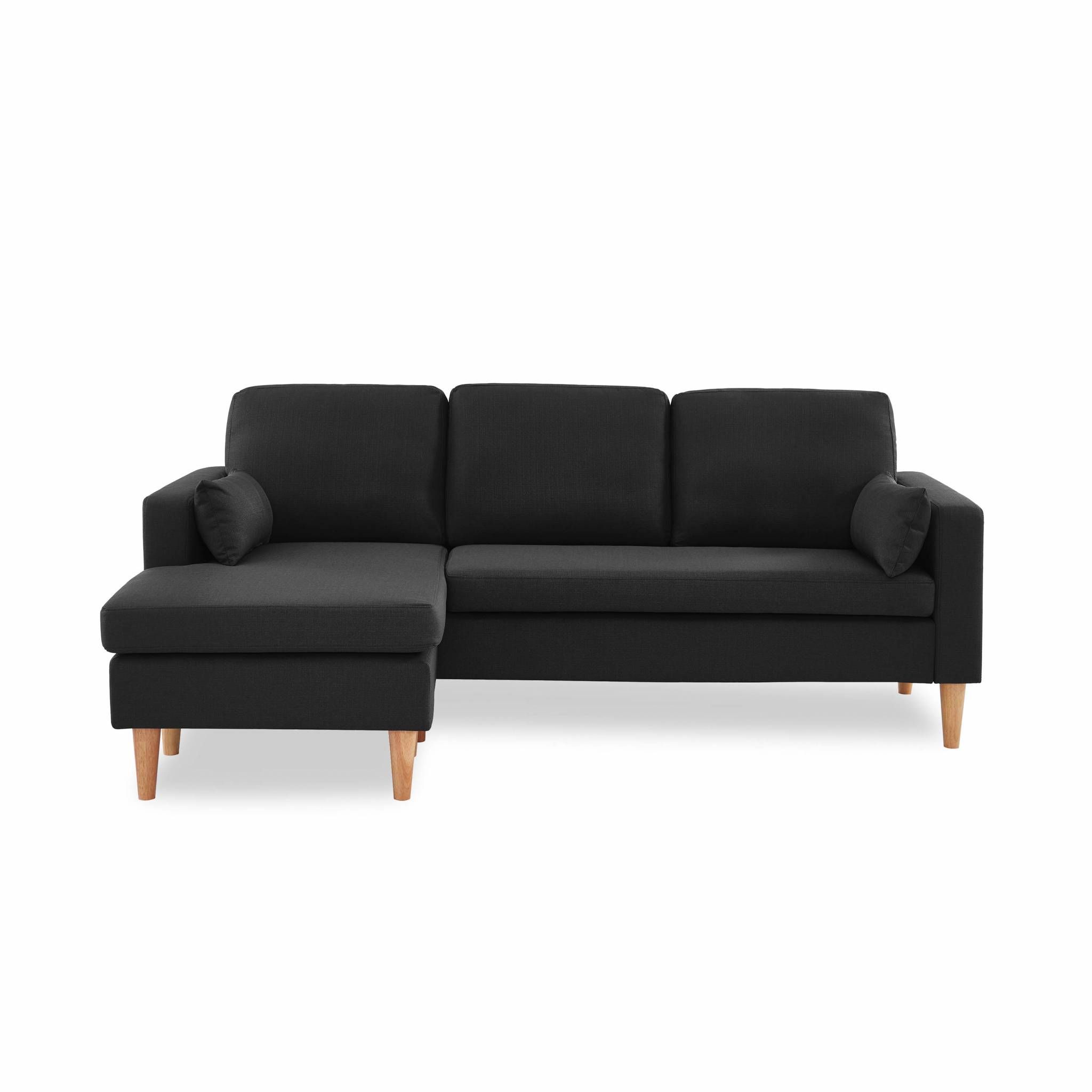 Fauteuil en tissu gris chiné foncé, canapé d'angle 3 places réversible fixe droit pieds bois, canapé scandinave
