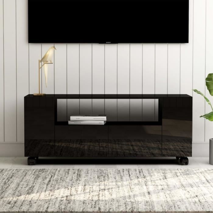 MEUBLE TV - MEUBLE HI-FI scandinave contemporain Noir brillant 120 x 35 x 43 cm Aggloméré
