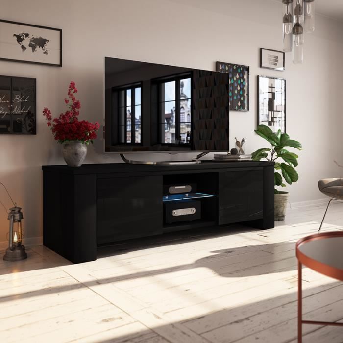 Meuble TV / Meuble salon - JACKSON - 130 cm - noir mat / noir brillant - avec LED - style moderne - tablette en verre