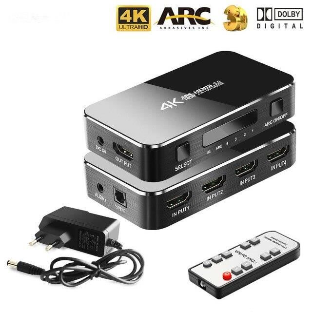 G4405 Répartiteur HDMI 4 ports répartiteur HDMI commutateur de câble 4K 2.0 extracteur Audio contrôle ARC & IR 4 entrées 1 adaptateu