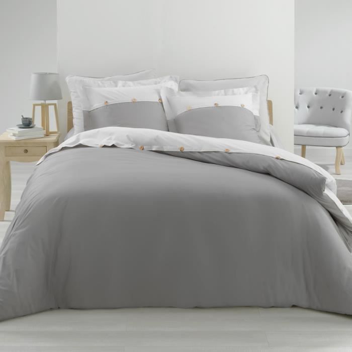 Ensemble en percale 78 fils parure 260x240 cm Vice versa gris + drap housse 160x200 cm Blanc