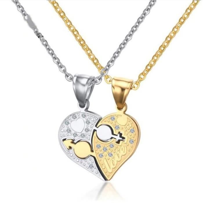 Collier Couple Luxe - Love - Coeurs - Doré Argenté