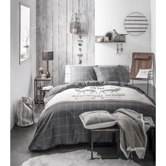 TODAY Parure de couette 100% Coton ADVENTURE Au coin du feu 220x240cm + 2 taies d'oreiller 63x63cm - Gris