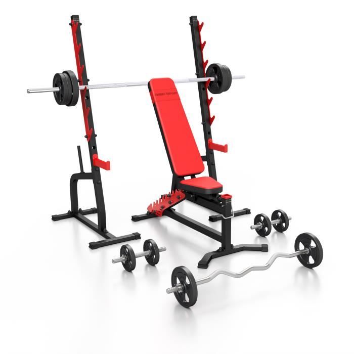 Marbo Sport Set MS8 136KG Kier G - Banc de musculation + 2 supports d'haltères réglables + barres et disques en caoutchouc 83 kg