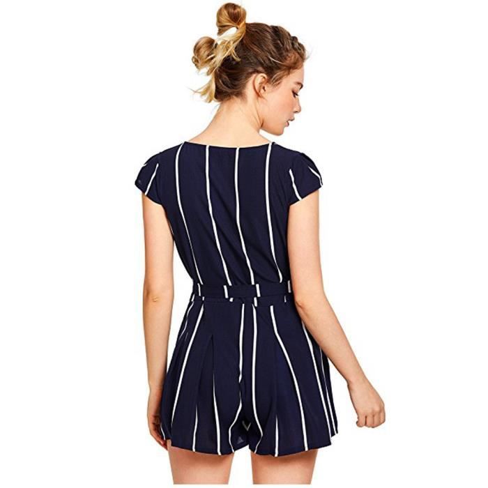 Combi-short rayé combinaison décontractée pour femmes Combi-short avec ceinture@Marine
