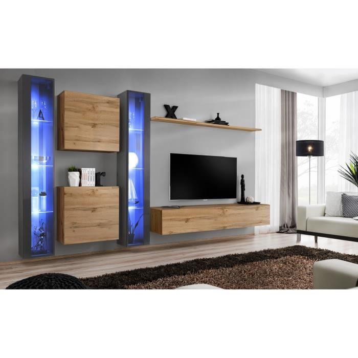 Ensemble meuble salon mural SWITCH XVI design, coloris chêne Wotan et gris brillant. 40 Marron