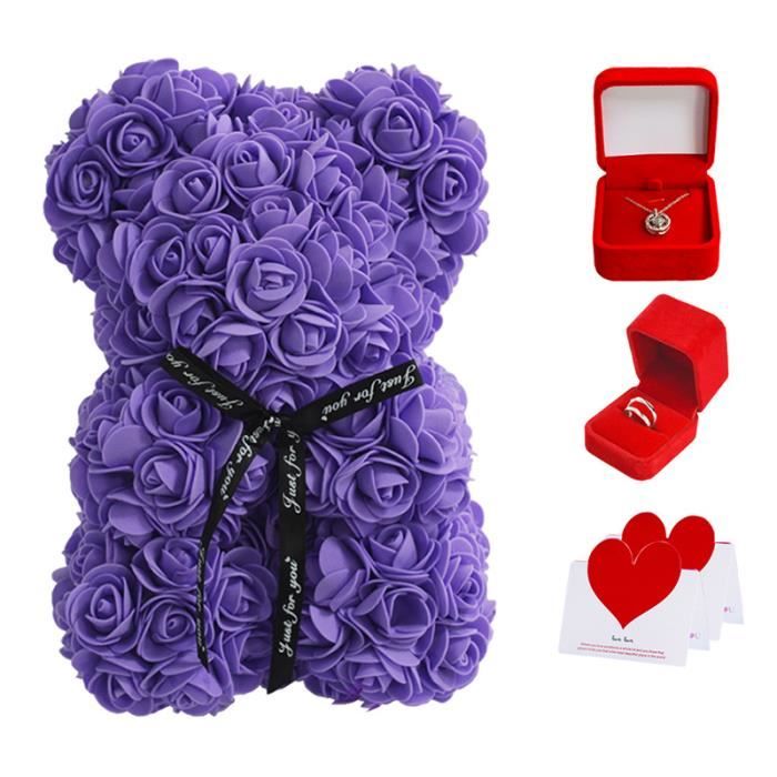 25 cm Ours de rose Coffret cadeau Saint-Valentin avec Collier de projection Bague Carte-Cadeau pour femme petite amie - VIOLET