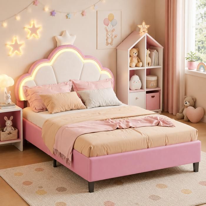 Lit Enfant 90x200 LED Lit Fille avec Tête de lit réglable en hauteur Lit Rembourré en Velours Lit Simple Lit Capitonné Rose