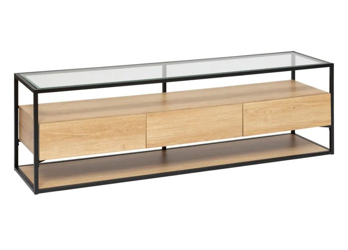 Meuble TV avec 3 tiroirs en bois coloris naturel et verre transparent - Longueur 160 x Profondeur 40 x Hauteur 50 cm