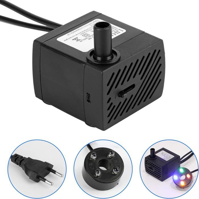 Meilleurs prix pour Mini pompe à eau pour aquarium 5 W, pompe submersible pour aquarium, avec 4 lumières LED colorées, mini arts en pierre, hauteur de