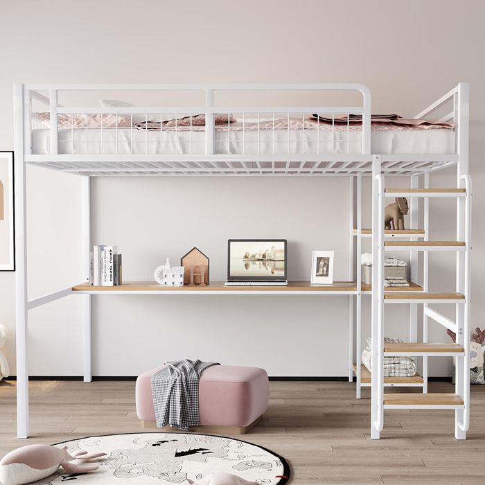 Lit mezzanine métal 140x200 cm avec escalier lit denfant avec table et étagère - SWEIKO - Blanc
