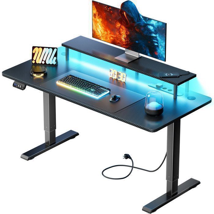 HLONONE LED Bureau Assis Debout Electrique 120 x 60 cm Bureau Gaming avec Prise Intégrée & Port USB 2 à Fonctions Mémoires Noir