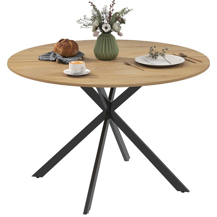 Table à manger - HOMCOM - ronde - 4 personnes - 120 cm - style industriel - plateau aspect bois piètement croisé en acier - chêne