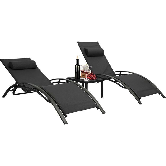 Lot de 2 Bains de Soleil avec Table Aluminium Transats Chaises Longues de Jardin Dossier réglable en 5 Positions
