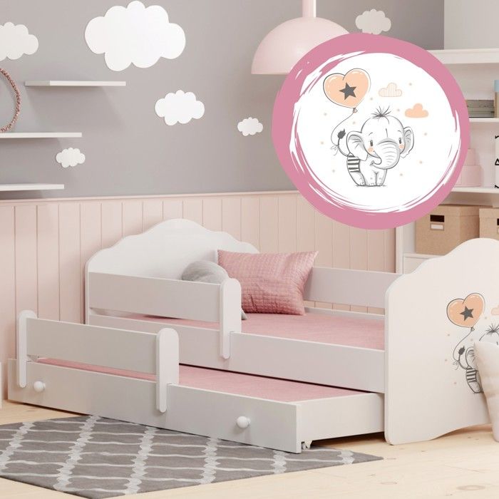 Lit gigogne double pour enfants FALA II 160x80 avec 2 matelas et 2 sommiers – avec motif d’éléphanteau