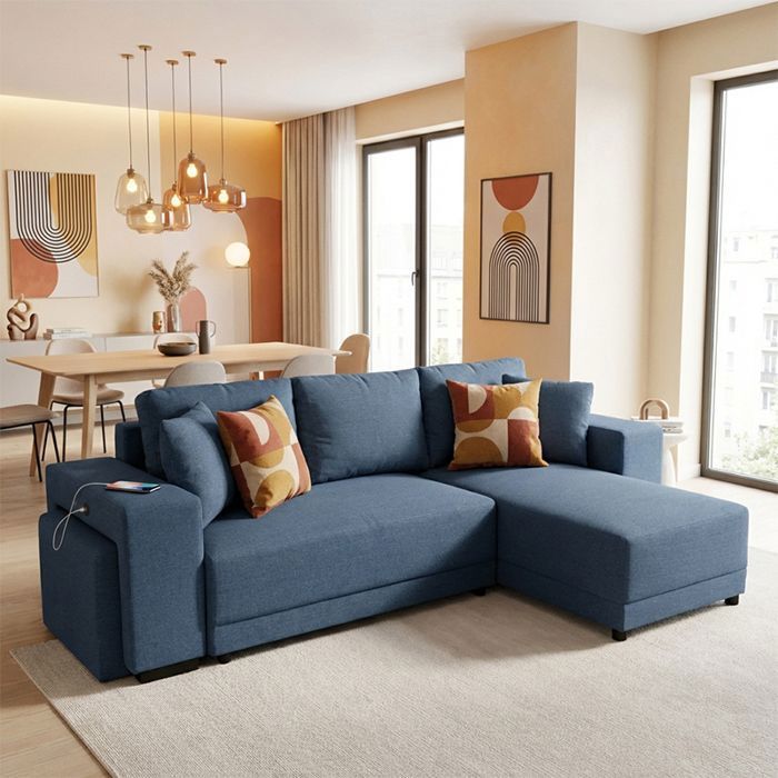 VEGA Canapé dangle reversible convertible Bleu MARINE (tissu texturé) - Taille M - 4 places - 254 x 155 x 86