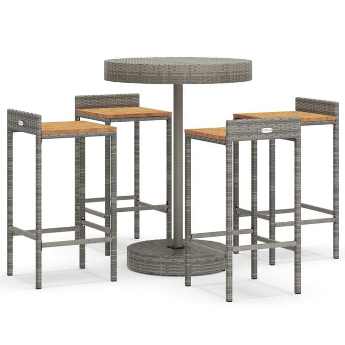 60359208& Ensemble de bar jardin 5 pcsTable de bar + 4 tabourets bar Mange-Debout - gris poly rotin/bois massif acacia