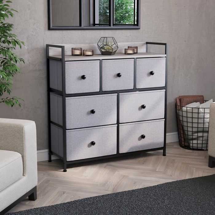 Commode Chorley en tissu aspect bois beige et gris avec 7 tiroirs – Meuble de chambre moderne