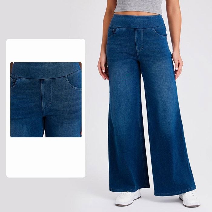 Jean Femme Taille Haute Bleu Denim - Taille XL, Coupe Wide-leg, Déchirures, Occasion Très Bon état