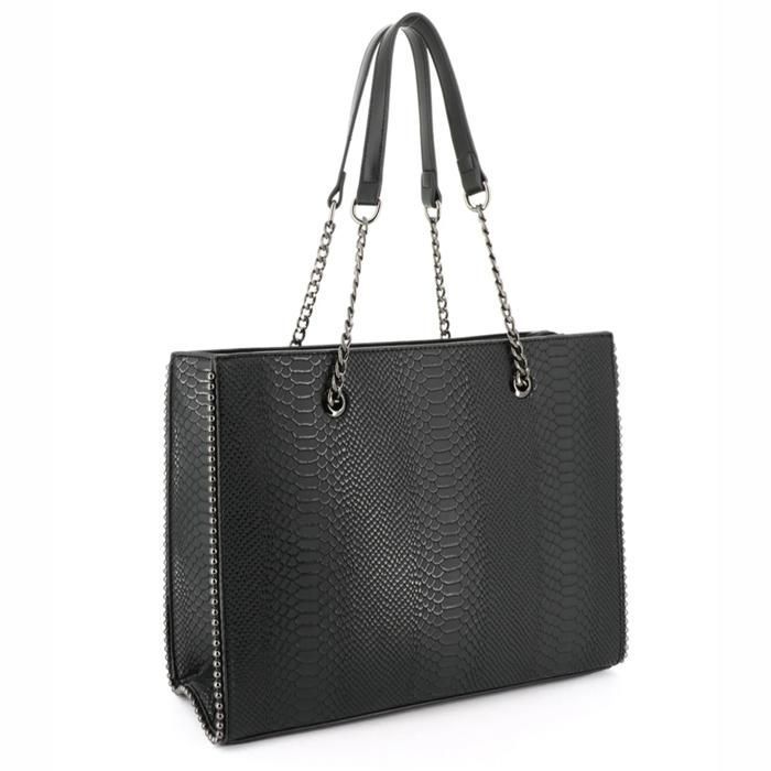 Sac à main chaîne perle bille clou effet python - Double Tree - Cabas cours A4 fourre-tout taille XL - Noir