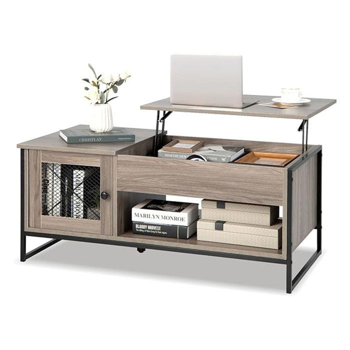 GIANTEX Table Basse Plateau Relevable - Armoire à 2 Portes - Étagères Ouvertes - Compartiment Cache - 106x55x44 5 cm - Industrielle