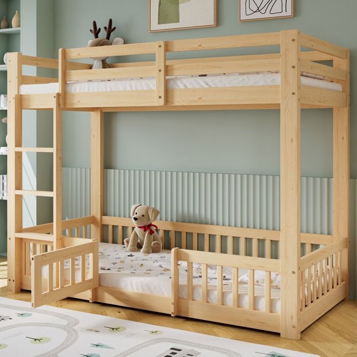 Lit superposé double 90x200 cm lit en bois lit enfant avec sommier à lattesescalier droit et barriere Cadre pin+LVL Naturel