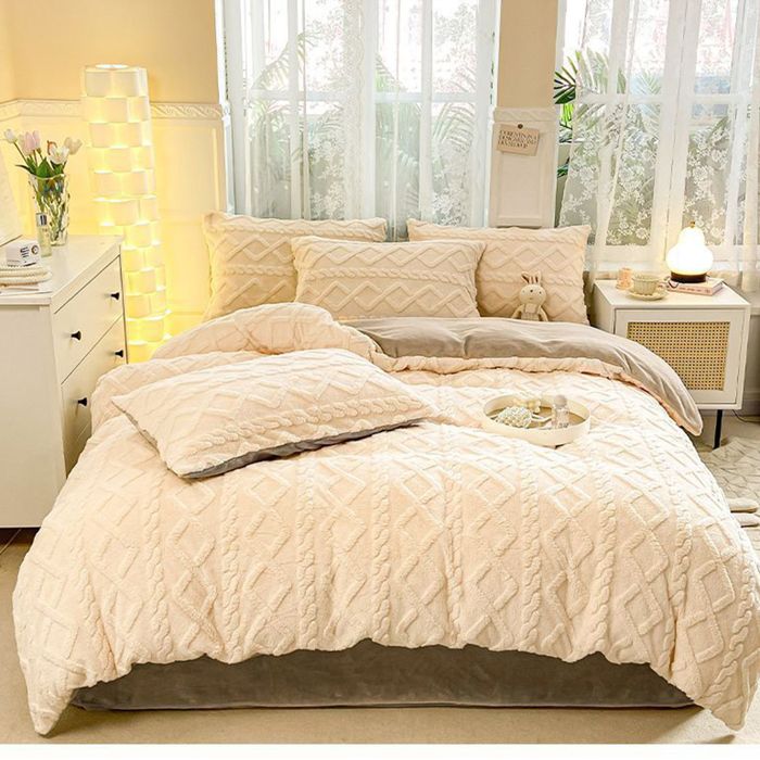 Housse de Couette Flanelle 220x240 cm Parure de Lit en Polaire Chaud Hiver Comprend un drap et 2 taies doreiller beige