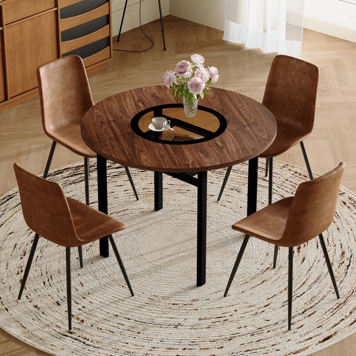 Table ronde - Moderne - 100 cm - Marron+Noir - Verre trempé - Rangement intégré