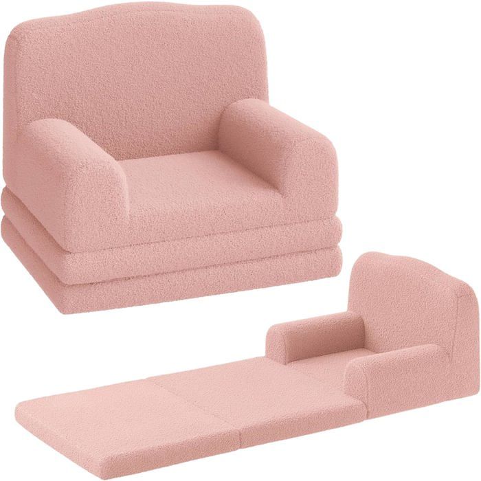 Canapé Enfant - LUNSY - fauteuil dépliable - canapé-lit 2 en 1 - avec housse amovible - Dossier en forme de couronne - rose