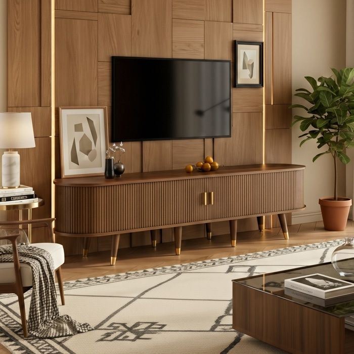 Meuble TV 175cm - Noyer & Rotin - Porte Coulissante - Pieds Dorés - 2 Tiroirs - Style Bohème Chic - Charge 60kg
