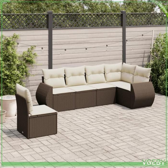 Salon de jardin - Modulaire 6 places - Résine tressée - Coussin crème déhoussable - Structure acier anti-UV