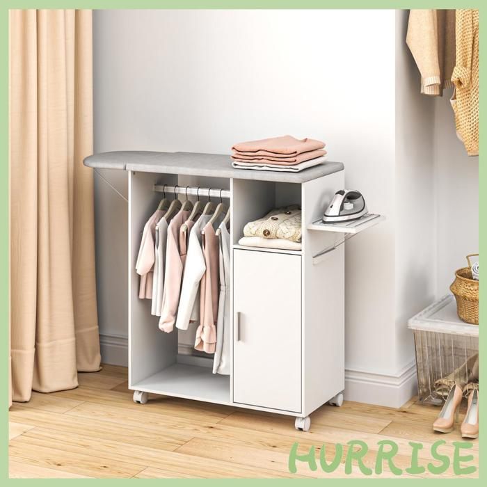 Cocosity Armoire À Repasser Sur Roulettes Table À Repasser Pliante Étagère Réglable Barre De Suspension 127X425X99Cm Blanc