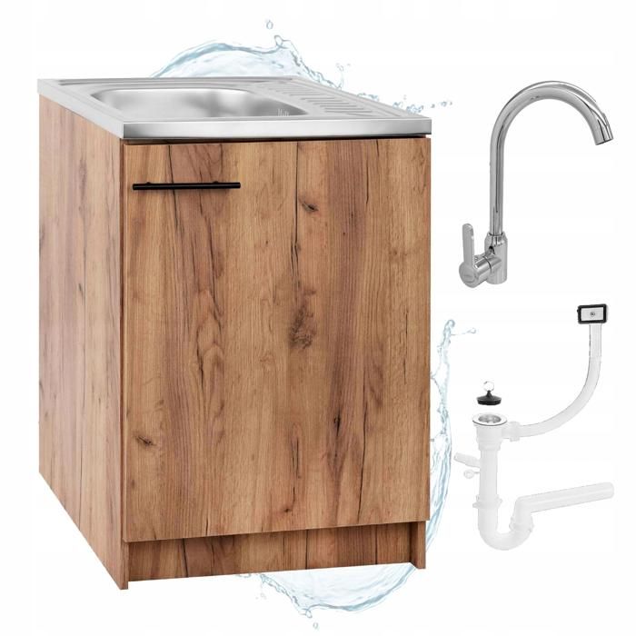 STAMAR Meuble sous Évier 60 cm Chêne Doré + Évier Deante Inox + Robinet Extensible Chrome + Siphon LV - 60x50x82 cm