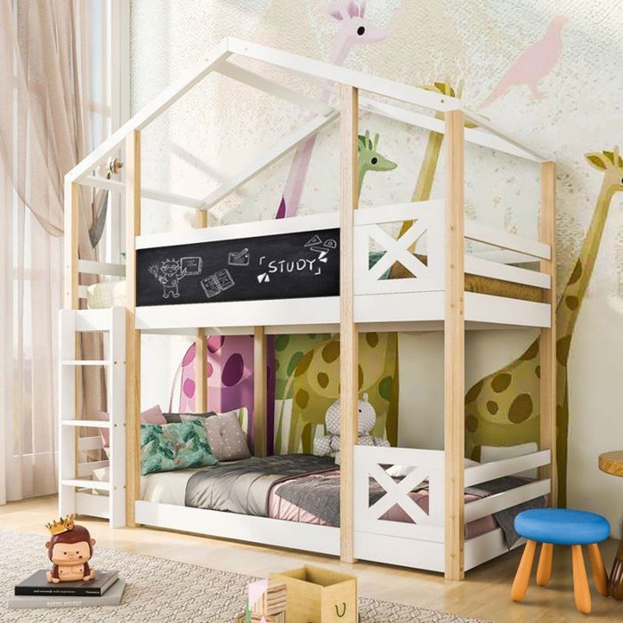 Lit superposé 90x200cm Lit superposé avec échelle et barrières de sécurité Lit mezzanine avec 2 sommiers à lattes Matelas non inclus
