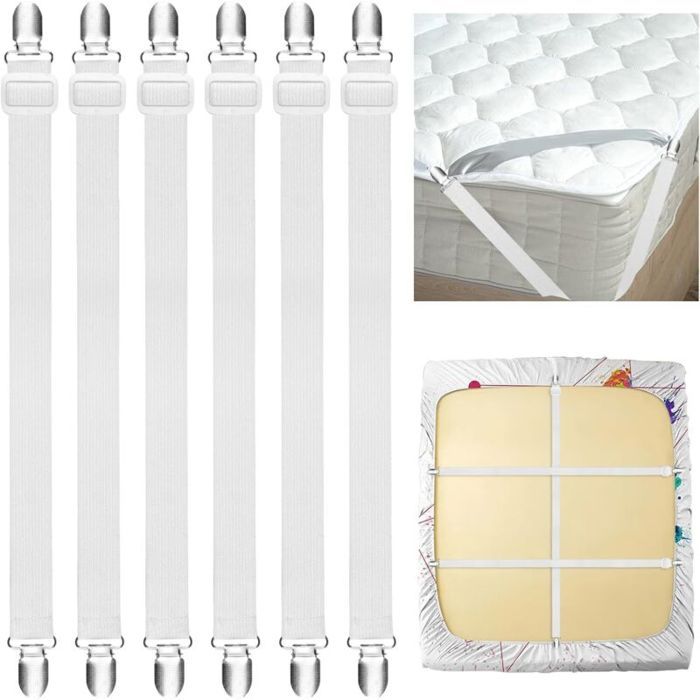 Lot de 6 pinces à draps élastiques réglables de 250 cm avec clips métalliques pour drap-housse matelas planche à repasser et can